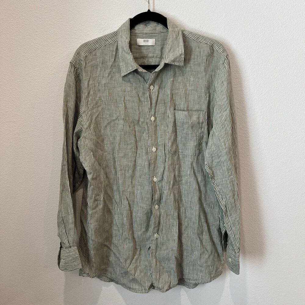 Uniqlo Mens Large Green Striped 100% Premium Linen Button-Up Shirt Preppy Summer